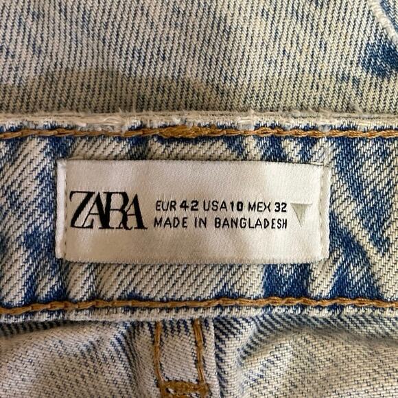 Zara Blue Acid Wash High Rise Tapered Wide Leg Light Wash Crop Denim Jeans 10 - Picture 4 of 4